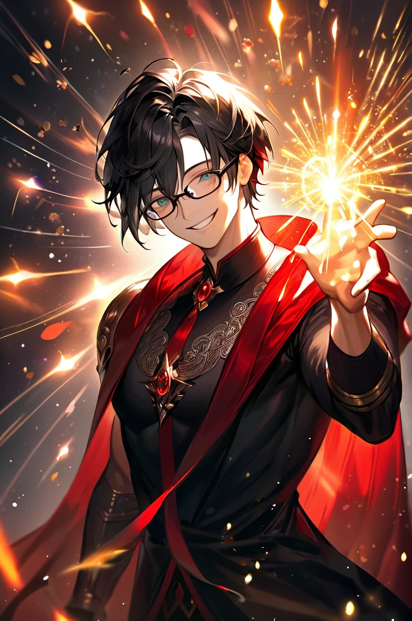 masterpiece, best quality, 1 male, adult, tall muscular, handsome, finely detailed eyes, intricate details, black hair, short hair, smile, solo, upper body, detailed background, detailed face, good sorcerer, black magical robes, determined expression, dark color scheme, dark crimson light, glowing dark magical runes, realistic lighting, floating particles, sparks, surrounded by black lightning red arcane symbols, corrupted by eldritch power, bloom, glasses, evil face, not smile.