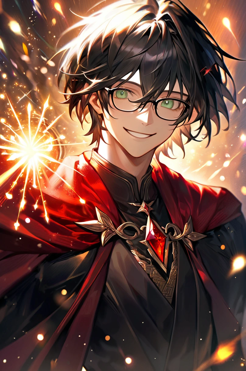 masterpiece, best quality, 1 male, adult, tall muscular, handsome, finely detailed eyes, intricate details, black hair, short hair, smile, solo, upper body, detailed background, detailed face, good sorcerer, black magical robes, determined expression, dark color scheme, dark crimson light, glowing dark magical runes, realistic lighting, floating particles, sparks, surrounded by black lightning red arcane symbols, corrupted by eldritch power, bloom, glasses, evil face, not smile.