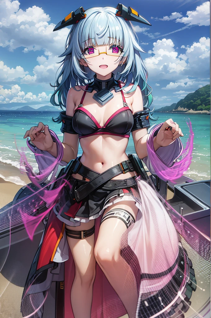 (masterpiece, Highest quality:1.2), full body, One girl, between eyes, (Square Glasses), happy smile, smile, Open your mouth, Small breasts, choker, blush, (Frilled bikini), Beach, from the front, (Fine and beautiful eyes:1.6), Highly detailed face, Highly detailed CG, (Perfect hands, Perfect Anatomy),