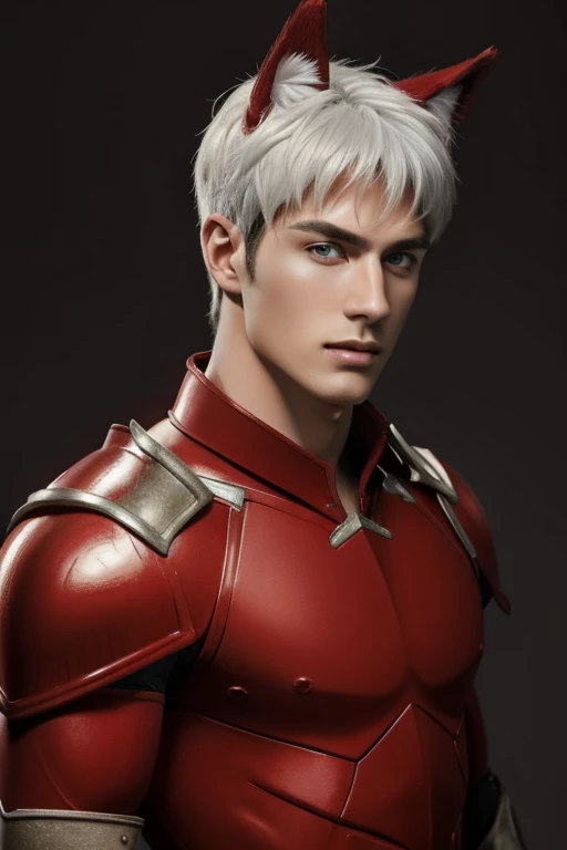 Full Body photorealistic 4k, high resolution, best quality, masterpiece, perfect color, perfect shade, perfect lighting, Posted by e621, ((portrait)), ((handsome man)), perfect male figure, Short hair details,chest muscles,abdominal muscles,Naked torso,Detailed face, perfect face, (stood up), Detailed background, ((Bonifasco Lighting)), (delicate eyes),((red armor)),((animal ears)),white hair