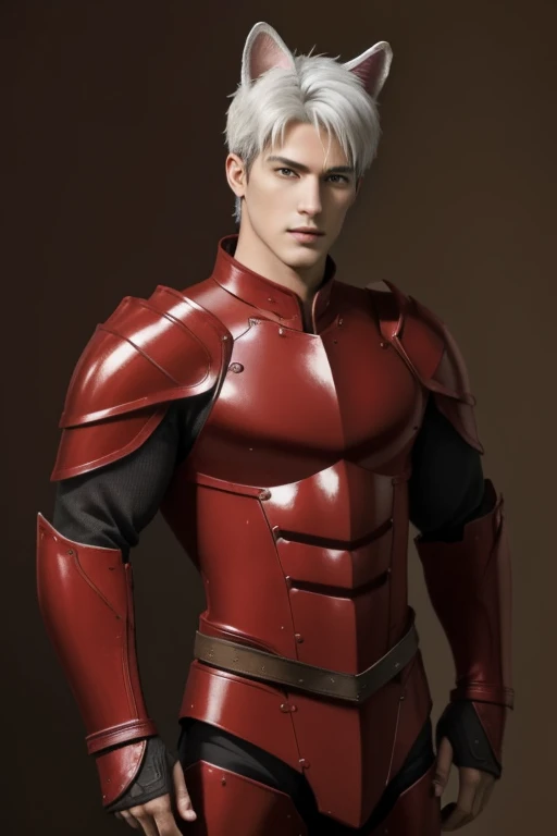 Full Body photorealistic 4k, high resolution, best quality, masterpiece, perfect color, perfect shade, perfect lighting, Posted by e621, ((portrait)), ((handsome man)), perfect male figure, Short hair details,chest muscles,abdominal muscles,Naked torso,Detailed face, perfect face, (stood up), Detailed background, ((Bonifasco Lighting)), (delicate eyes),((red armor)),((animal ears)),white hair