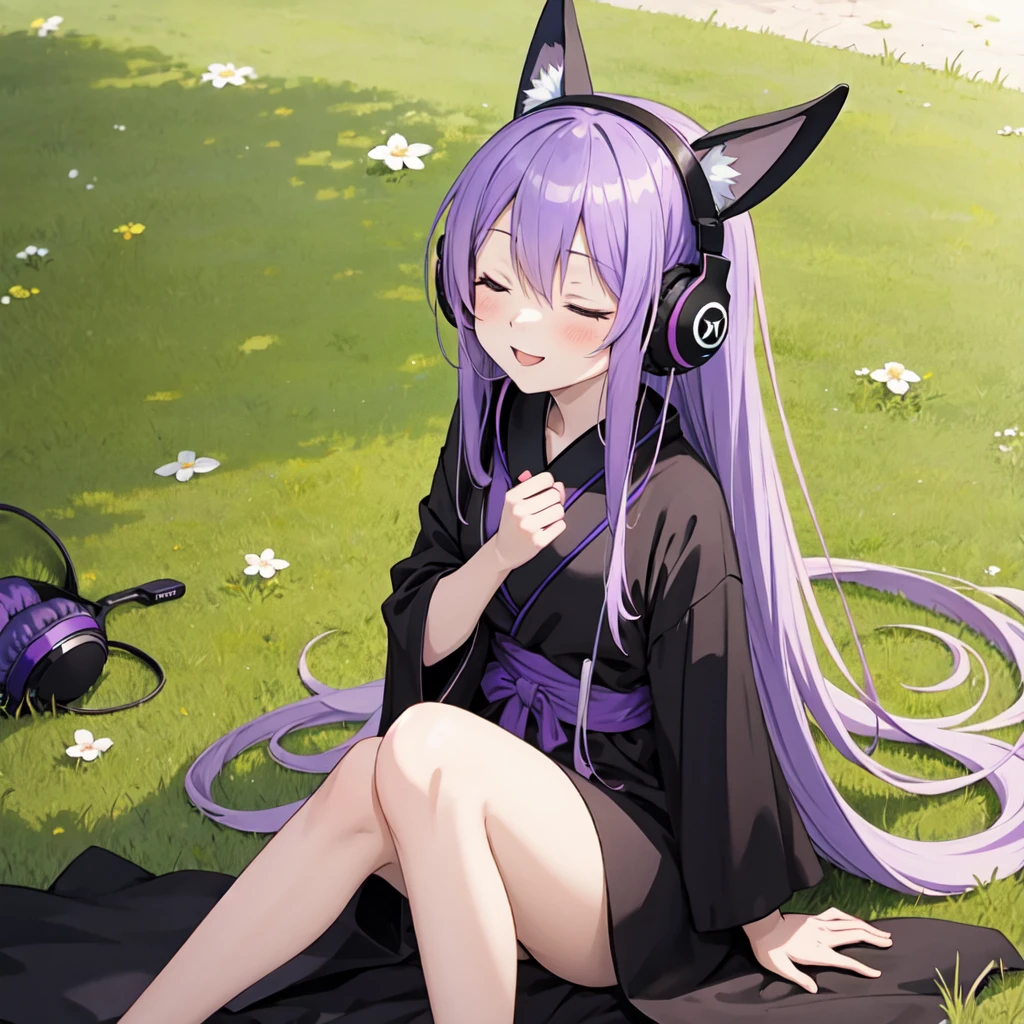 1 person. Anime girl with long purple hair and black robe. Pointy ears. Cute as in manga. Sitting on grass with eyes closed. Headphones.