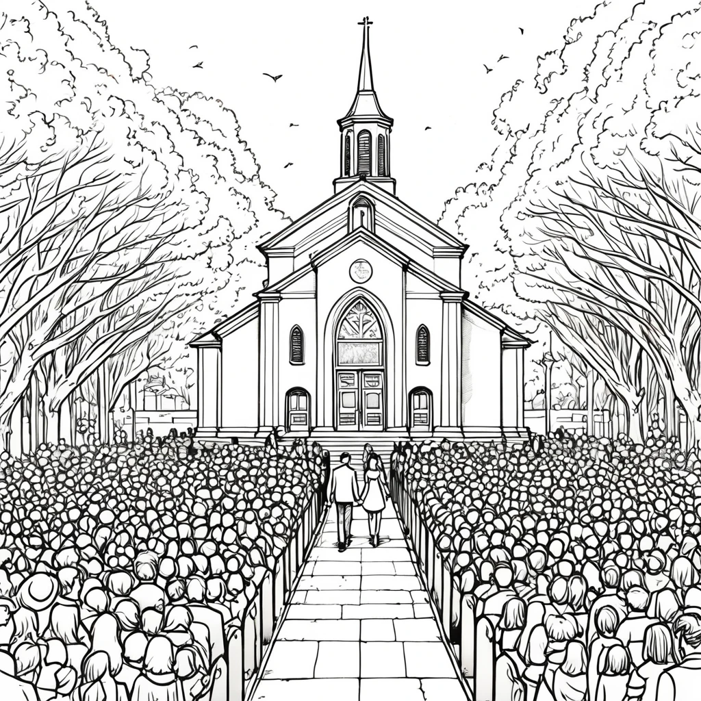 art style drawing, Jim Lee art style, of a church with a large crowd of people outside it and a family holding hands entering the church separated from the crowd