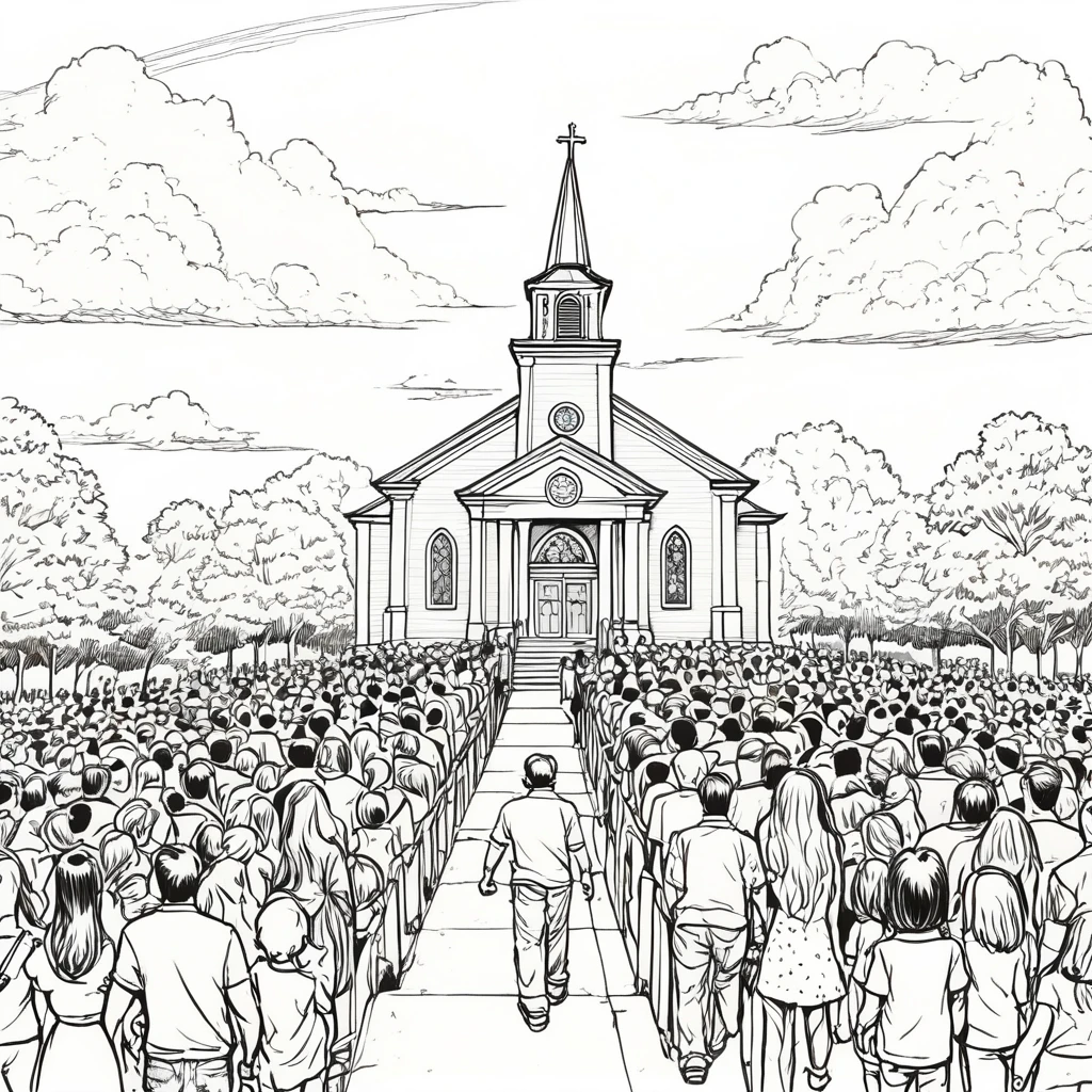 art style drawing, Jim Lee art style, of a church with a large crowd of people outside it and a family holding hands entering the church separated from the crowd