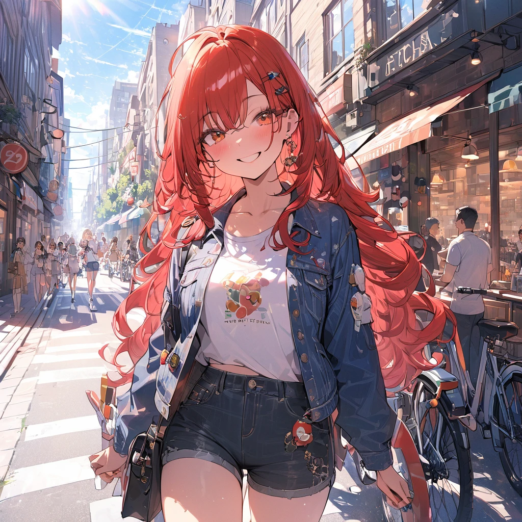 (masterpiece:1.5), highest quality, Super detailed, very detailed, exquisite, 16k, Full HD, very aesthetic, absurdres, anime style, 1girl, high school girl, beautiful, female, super sexy girl, 20 years old, long hair, pony tail , joyful smile, trendy casual fashion, denim jacket, white T-shirt, shorts, sneakers, taking, busy street with cafes and boutiques, sunny afternoon, bright sunlight on girl's face, soft shadows, people and bicycles in the background, blue sky and tall buildings in the distance, sharp focus on subject, vivid colors, cheerful and lively atmosphere, warm sunlight feel, good proportion