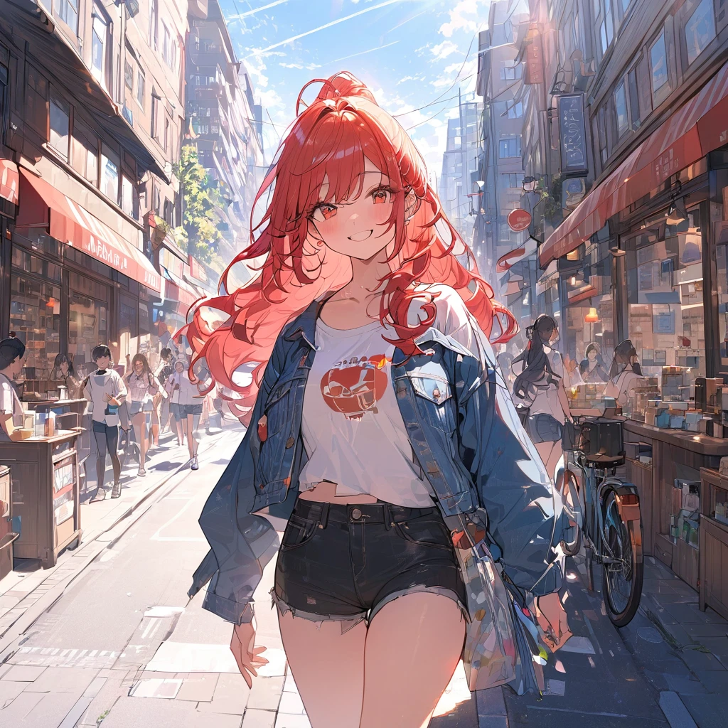 (masterpiece:1.5), highest quality, Super detailed, very detailed, exquisite, 16k, Full HD, very aesthetic, absurdres, anime style, 1girl, high school girl, beautiful, female, super sexy girl, 20 years old, long  hair, pony tail , joyful smile, trendy casual fashion, denim jacket, white T-shirt, shorts, sneakers, taking, busy street with cafes and boutiques, sunny afternoon, bright sunlight on girl's face, soft shadows, people and bicycles in the background, blue sky and tall buildings in the distance, sharp focus on subject, vivid colors, cheerful and lively atmosphere, warm sunlight feel, good proportion
