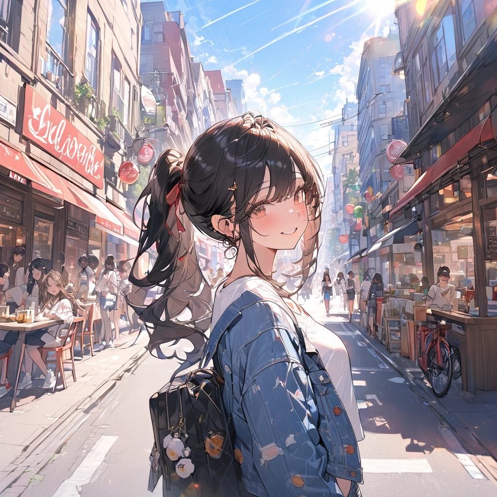 (masterpiece:1.5), highest quality, Super detailed, very detailed, exquisite, 16k, Full HD, very aesthetic, absurdres, anime style, 1girl, high school girl, beautiful, female, super sexy girl, 20 years old, long  hair, pony tail , joyful smile, trendy casual fashion, denim jacket, white T-shirt, shorts, sneakers, taking, busy street with cafes and boutiques, sunny afternoon, bright sunlight on girl's face, soft shadows, people and bicycles in the background, blue sky and tall buildings in the distance, sharp focus on subject, vivid colors, cheerful and lively atmosphere, warm sunlight feel, good proportion

