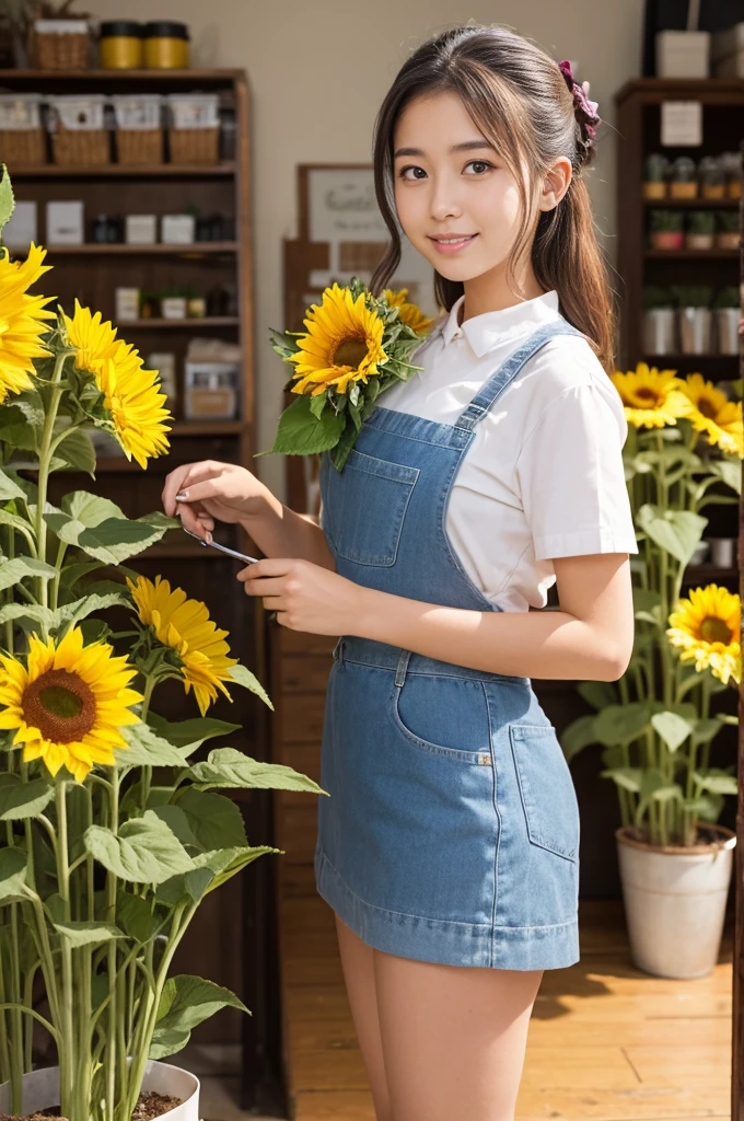 A 20-year-old girl working at a flower shop（Wearing a miniskirt and apron）have a sunflower