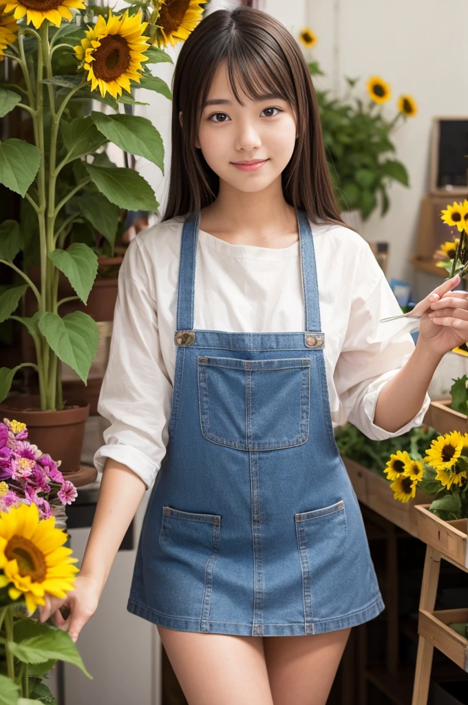 A 20-year-old girl working at a flower shop(Wearing a miniskirt and apron)have a sunflower