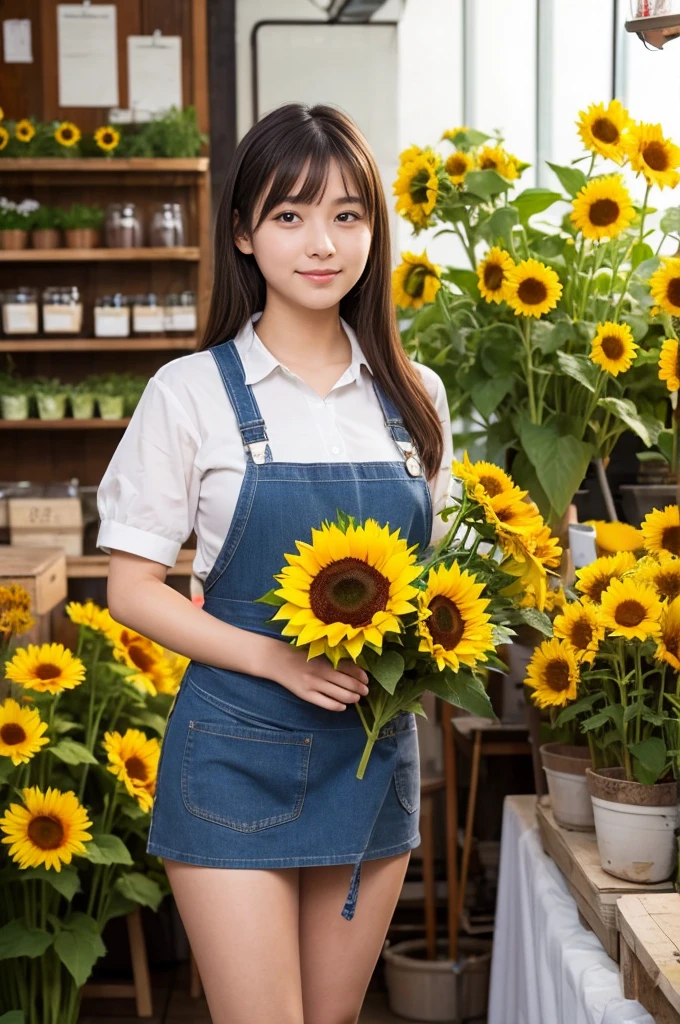 A 20-year-old girl working at a flower shop（Wearing a miniskirt and apron）have a sunflower