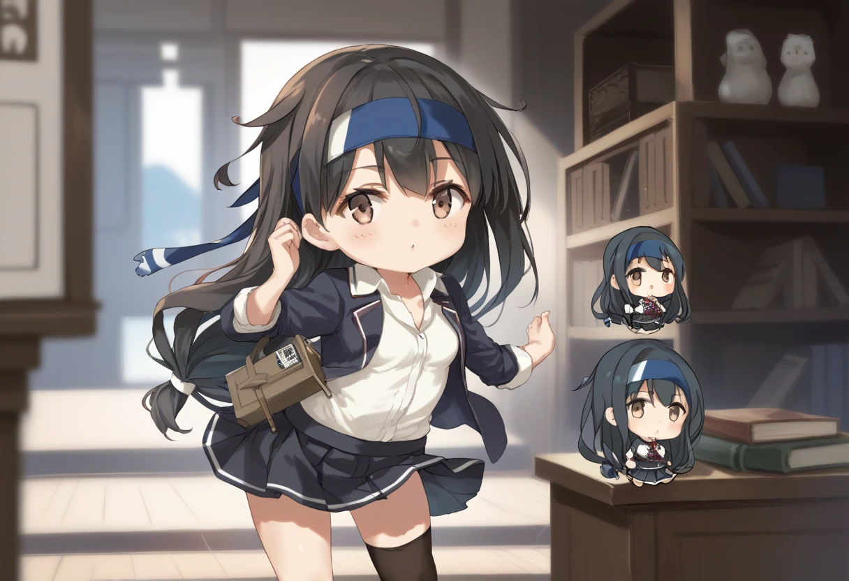 score_9,score_8_up,score_7_up,source_アニメ,cowboy shot,Idealized Forms,Natural Light,details background,blurry background,extremely detailed,1girl,(But),hatsushimo(kancolle),brown eyes,(left(white)right(blue))headband,(black)long hair,(low-tied)hair,(black)hair,small breasts,(petite), shirt,blazer,black skirt,single thighhigh,((chibi)),portrait,((banknote)),caricature,bill