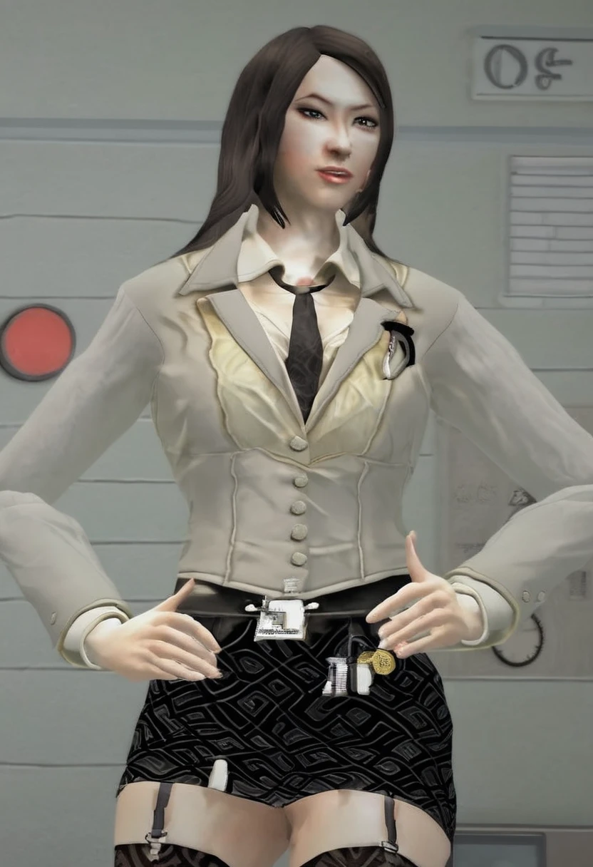 rebecc4DR, skirt suit, (((three-piece suit))), (((dress shirt))), (((necktie))), (((grey blazer))), (((suit jacket))), (waistcoat), double-breasted waistcoat, (((bodycon miniskirt))), stockings, pocket square, cufflinks, 