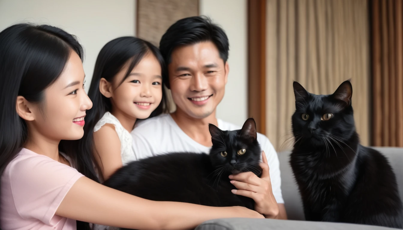 Inside a Thai family's inhome, the 30-year-old father, 30-year-old mother, and their 11-year-old daughter are spending time together. The daughter is holding a fluffy black cat in her arms. They are all engaged in conversation. Everyone has black hair. (Daughter and cat in the middle:1.4),  (long shot:1.6). (fluffy black cat realistic:1.4)
