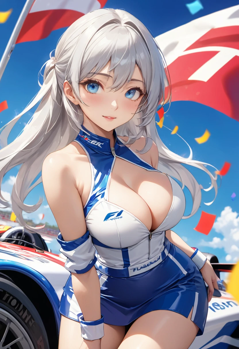 Highest quality, Super quality, 16K, Incredibly absurd, Very detailed, 2.5D, delicate and dynamic, blue sky, Confetti, Racing Car, flag, Small face, Extremely delicate facial expression, Delicate eye depiction, Extremely detailed hair, Upper body close-up, erotic, sole sexy lady, healthy shaped body, 22 years old lady, Race Queen, 170cm tall, big firm bouncing busts, white silver long hair, sexy long legs, Glowing Skin, , Flashy Race Queen costume, blue tight skirt, white leather long boots, Formula 1, Auto Racing Track