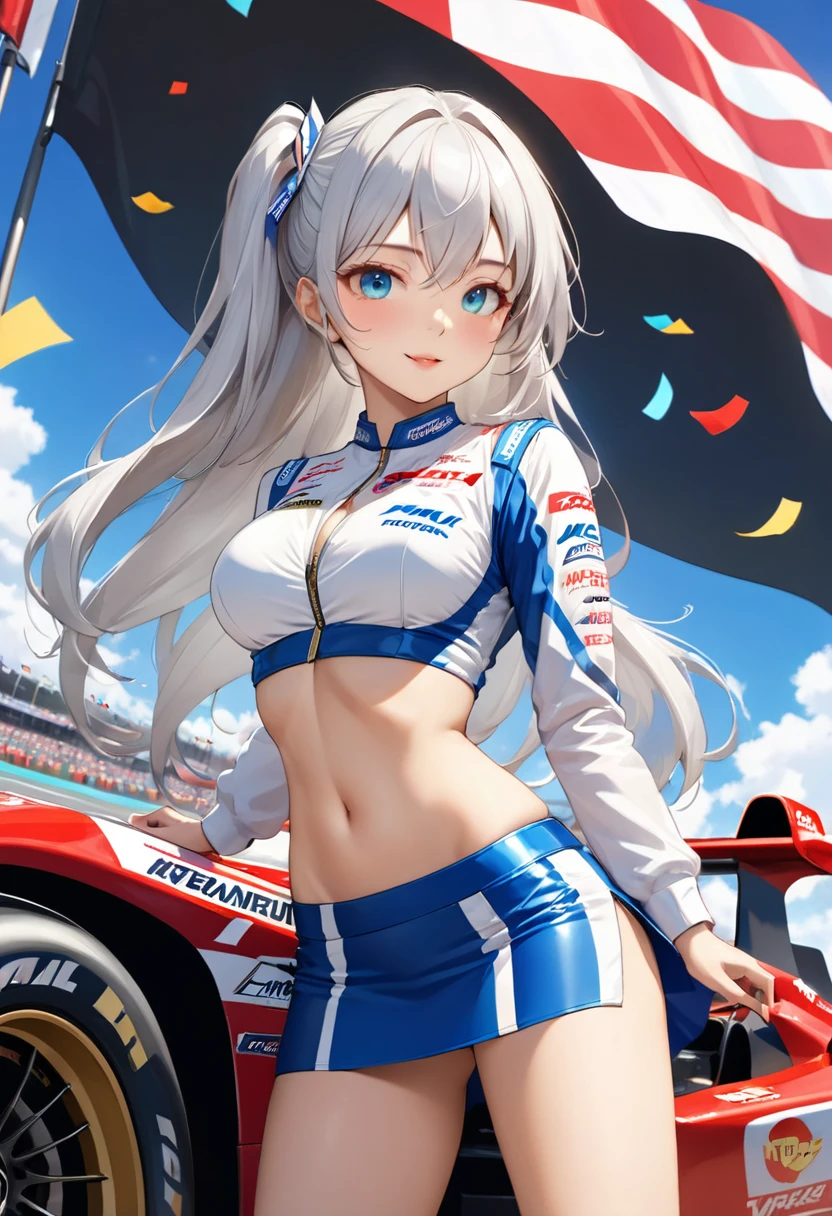 Highest quality, Super quality, 16K, Incredibly absurd, Very detailed, 2.5D, delicate and dynamic, blue sky, Confetti, Racing Car, flag, Small face, Extremely delicate facial expression, Delicate eye depiction, Extremely detailed hair, Upper body close-up, erotic, sole sexy lady, healthy shaped body, 22 years old lady, Race Queen, 170cm tall, big firm bouncing busts, white silver long hair, sexy long legs, Glowing Skin, , Flashy Race Queen costume, blue tight skirt, white leather long boots, Formula 1, Auto Racing Track