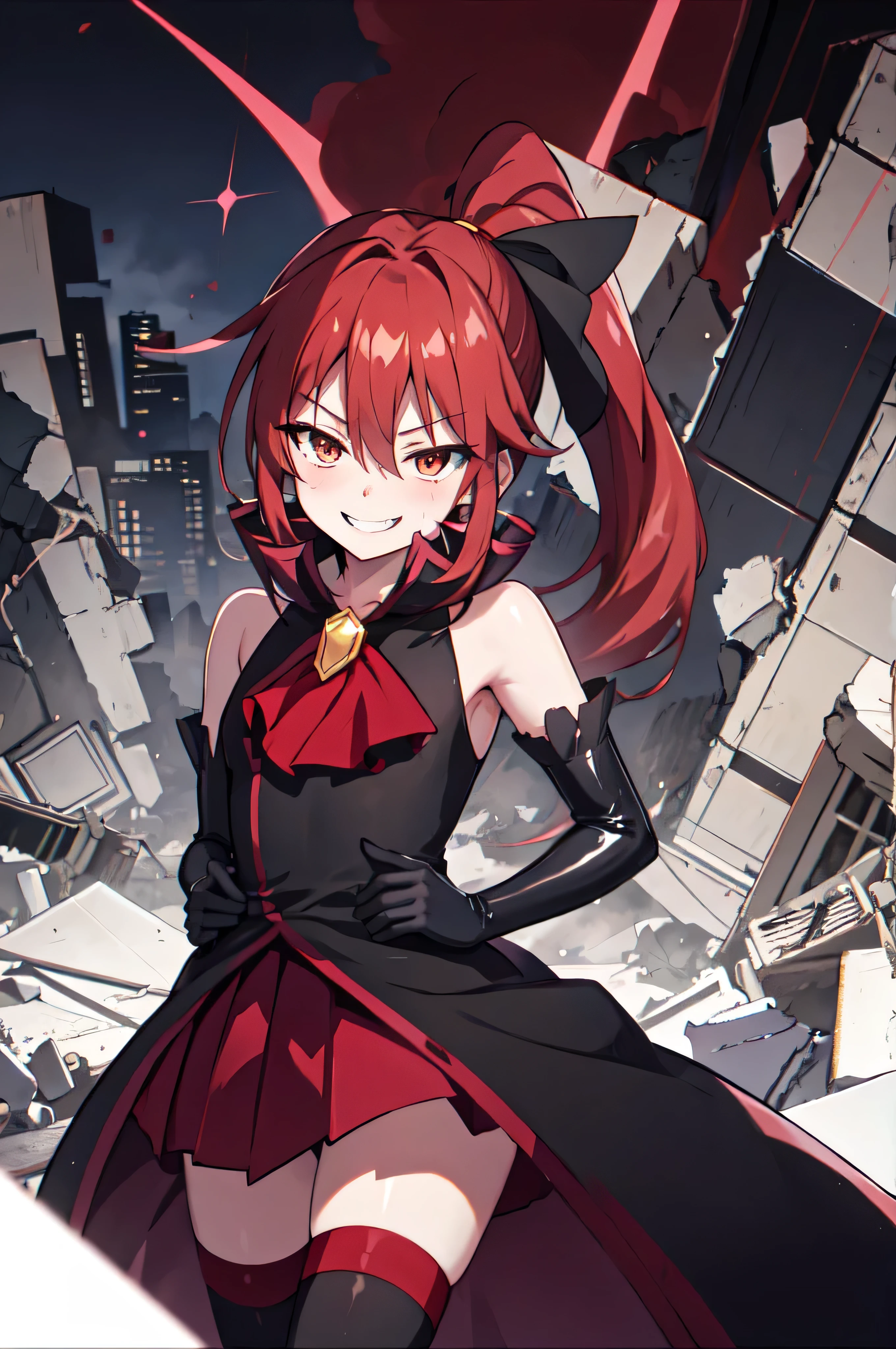 Highest quality, masterpiece, One Girl,Not beautiful, Red Ponytail, Long dress, brooch, Hair Ribbon, - Elbow hand pockets, Black knee socks, Standing on the rubble,Red cityscape, (Wicked Smile:1.1), ,,Dark shadowed face,Sadistic smile,Malice,Contempt,smile,latex,Bad face,,Red Skirt,Raging Thunder