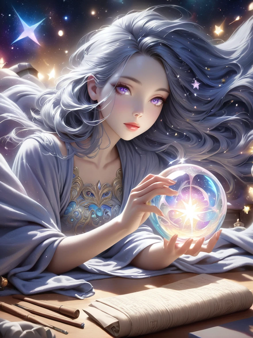 a mystic astrologer woman, flowing robes with intricate star patterns, holding a gleaming crystal ball, beautiful detailed eyes, beautiful detailed lips, long eyelashes, extremely detailed eyes and face, celestial background with stars and constellations, a desk filled with ancient scrolls and astrological tools, soft, ethereal lighting, dramatic shadows, slight bokeh effect, sharp focus, professional, vivid colors, artisan style, magical atmosphere, cosmic theme, (best quality, masterpiece:1.2), ultra-detailed, (realistic, photorealistic), illustration, 8k, highres