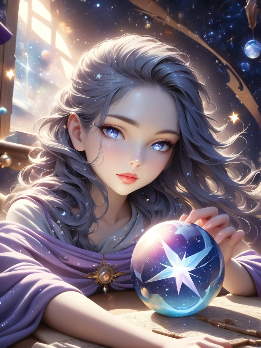 a mystic astrologer woman, flowing robes with intricate star patterns, holding a gleaming crystal ball, beautiful detailed eyes, beautiful detailed lips, long eyelashes, extremely detailed eyes and face, celestial background with stars and constellations, a desk filled with ancient scrolls and astrological tools, soft, ethereal lighting, dramatic shadows, slight bokeh effect, sharp focus, professional, vivid colors, artisan style, magical atmosphere, cosmic theme, (best quality, masterpiece:1.2), ultra-detailed, (realistic, photorealistic), illustration, 8k, highres