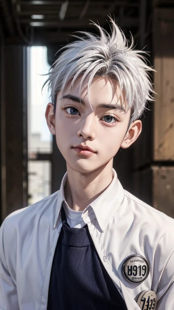 Gray Hair、male、Macho、Handsome、White Haori、Black school uniform、pupils are small、Small eyes、怒り顔