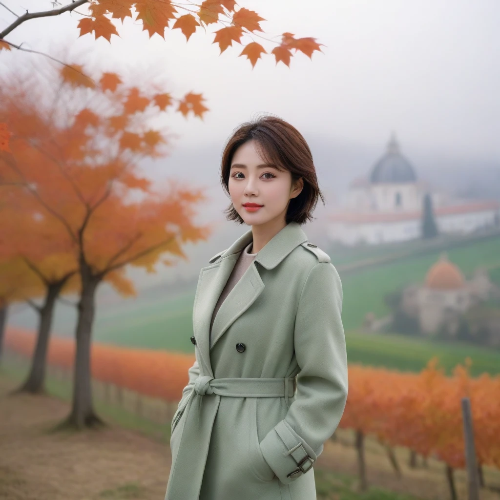 k Best picture quality, Beautiful 36-year-old Korean woman, You have good skin and big and pretty eyes... Chest size 34 inches, Traveling in Italy in the fall, The cathedral can be seen in the distance between the maple trees and in the thick fog., The back background is realistic and vivid quality., Short and medium hair blowing in the wind, A light green trench coat was worn over the knit.. beige casual pants, I'm smiling. Standing on a frozen field overlooking a vineyard, Short and slim Korean woman, stand far away, Full body photo taken with Canon Mark 5 camera 16-35 wide angle lens, One woman with big and pretty eyes, eyes are round and big, Taken from a hill above a vineyard