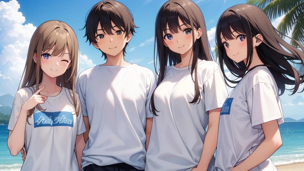 Masterpiece,high school,smile,Are standing,Put your hands behind your back,close your eyes,1 ,Long Hair,Brown Hair,はにかんだsmile0.5,White T-shirt,uniform,cute,White skin,summer,blue sky