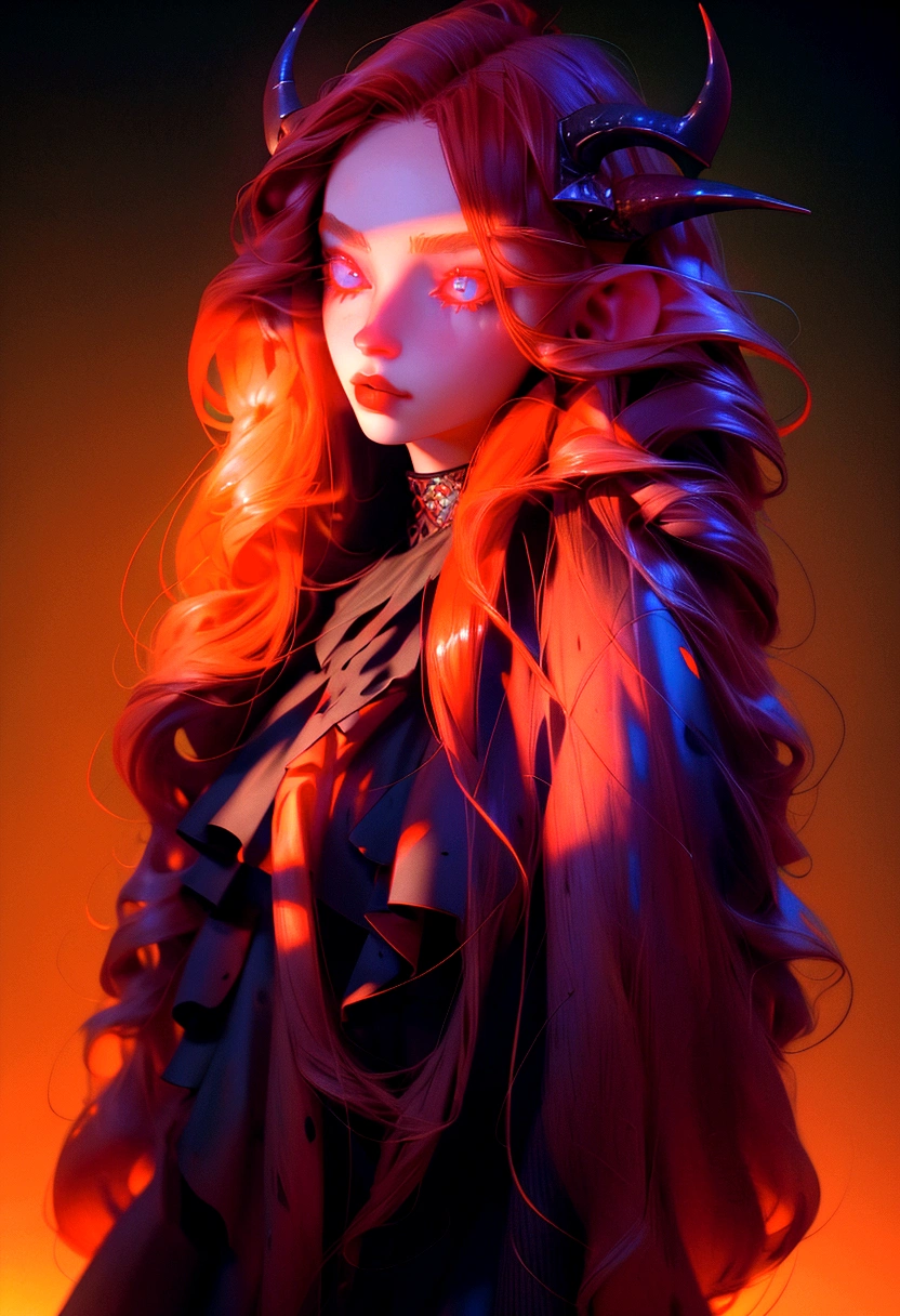 a beautiful girl with long red hair, horns, red eyes, wearing black goth clothes, detailed face, detailed eyes, detailed makeup, detailed clothing, gradient flat background, (best quality,4k,8k,highres,masterpiece:1.2),ultra-detailed,,HDR,vivid colors,dramatic lighting