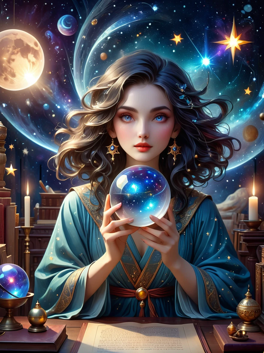 a mystic astrologer woman, flowing robes with intricate star patterns, holding a gleaming crystal ball, beautiful detailed eyes, beautiful detailed lips, long eyelashes, extremely detailed eyes and face, celestial background with stars and constellations, a desk filled with ancient scrolls and astrological tools, soft, ethereal lighting, dramatic shadows, slight bokeh effect, sharp focus, professional, vivid colors, artisan style, magical atmosphere, cosmic theme, (best quality, masterpiece:1.2), ultra-detailed, (realistic, photorealistic), illustration, 8k, highres