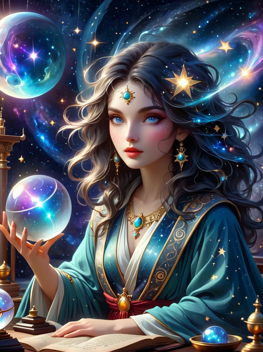 a mystic astrologer woman, flowing robes with intricate star patterns, holding a gleaming crystal ball, beautiful detailed eyes, beautiful detailed lips, long eyelashes, extremely detailed eyes and face, celestial background with stars and constellations, a desk filled with ancient scrolls and astrological tools, soft, ethereal lighting, dramatic shadows, slight bokeh effect, sharp focus, professional, vivid colors, artisan style, magical atmosphere, cosmic theme, (best quality, masterpiece:1.2), ultra-detailed, (realistic, photorealistic), illustration, 8k, highres