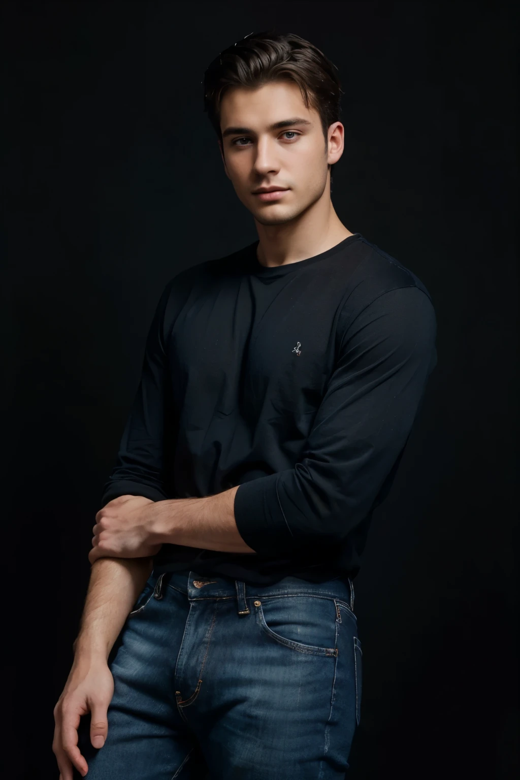 (best quality)), ((masterpiece)), (detailed), 25 years old beautiful europhian man, looking at camera, front of black background, wearing blue jeans, black tshirt short hair