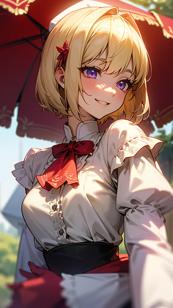 1 Girl、、Sharp focus、(Bokeh) (Highest quality) (Detailed skin:1.3) (Intricate details) (anime)、Upper body close-up、From the side、Natural Proportions、thin、Small breasts、Grin、White skin、(blonde)、Bobcut、Beautiful purple eyes、Red jacket、(Long sleeve blouse)、Frilled blouse、Upper body close-up、Morning Cafe Terrace、Background Blur, Written boundary depth