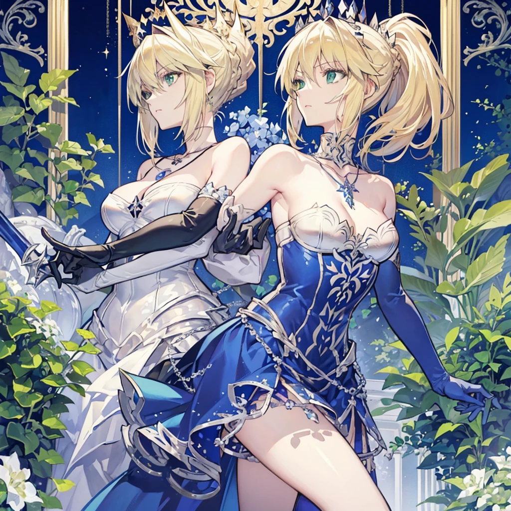 ((artoria pendragon (fate), shiny blond, ponytail, green eyes)), (((necklace, elbow gloves)))