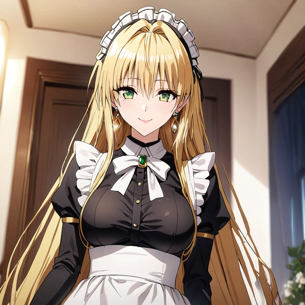 ((Highest quality)), ((masterpiece)), (detailed), （Perfect Face）、The woman is Tierre, with green eyes, medium-long blonde hair, a Victorian maid outfit and maid headband, jeweled earrings, and an engagement ring.、The woman is smiling fondly in a luxurious room、The Victorian maid uniform is a calm, old-fashioned type with long sleeves and a long skirt, decorated with luxurious gold embroidery and edging.