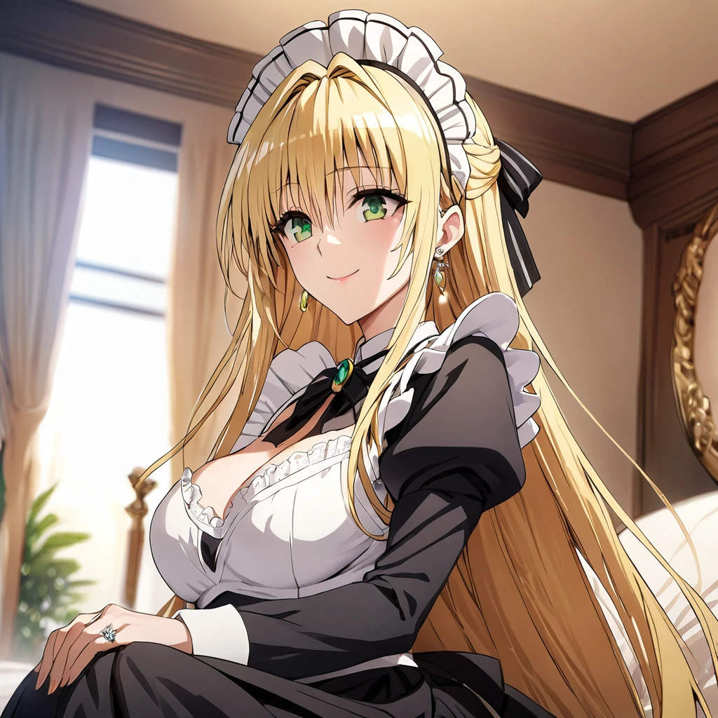 ((Highest quality)), ((masterpiece)), (detailed), (Perfect Face)、The woman is Tierre, with green eyes, medium-long blonde hair, a Victorian maid outfit and maid headband, jeweled earrings, and an engagement ring.、The woman is smiling fondly in a luxurious room、The Victorian maid uniform is a calm, old-fashioned type with long sleeves and a long skirt, decorated with luxurious gold embroidery and edging.