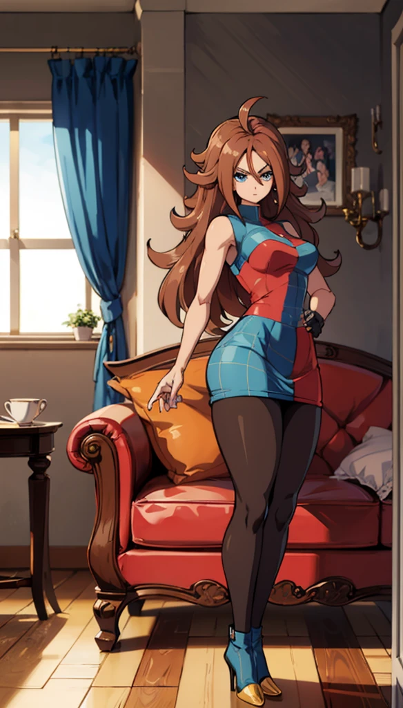 android 21, cups, long brown hair, blue colored eyes, plaid dress, pantyhose, looking to the side, pose lateral, standing, ele está standing, serious, legs spread open, livingroom, light bulb, high qualiy, work of art, legs thick, big-ass, body healed,