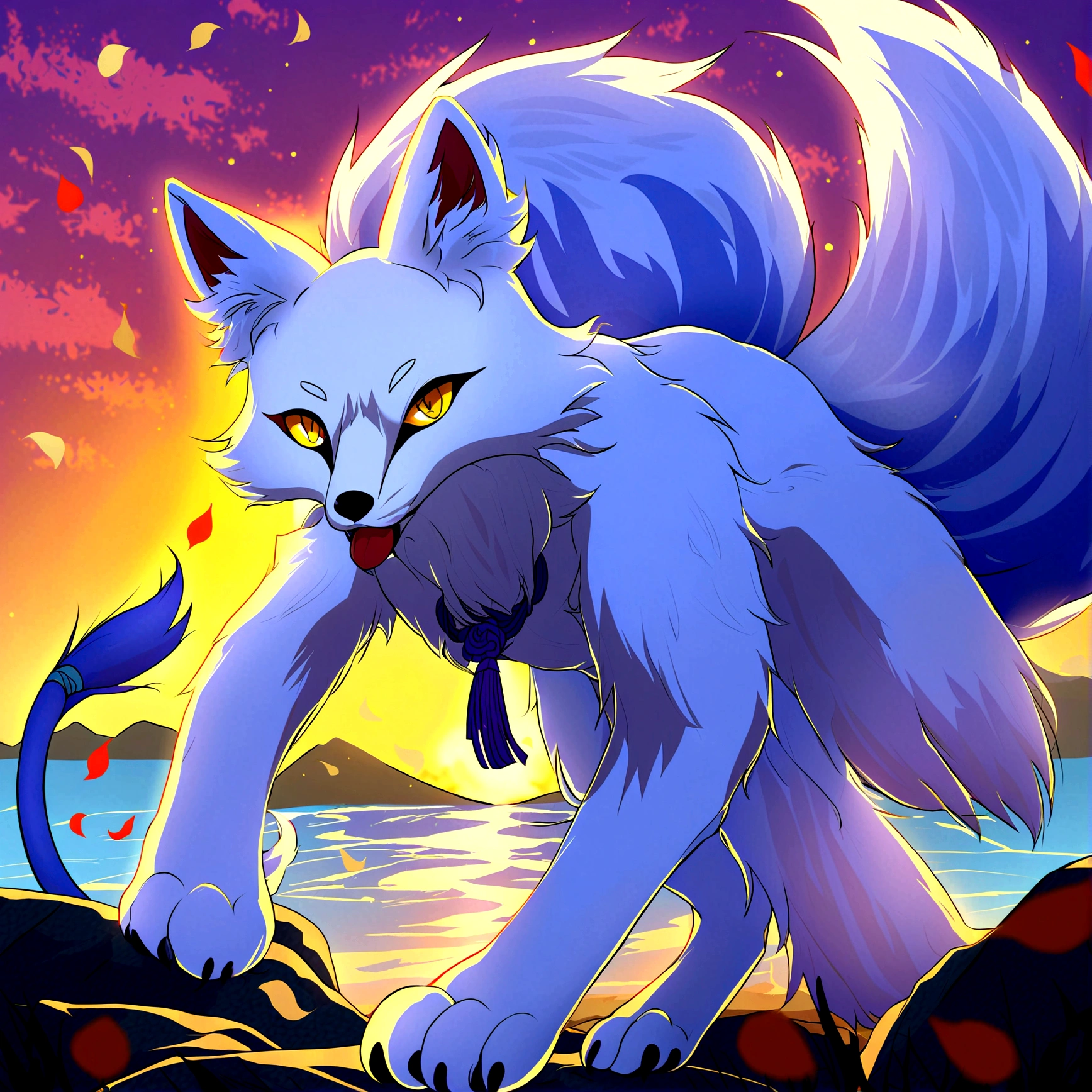 fox Light blue hair 　beast 　indigo fur　fox beast Sesshomaru, Yellow eyes, Anime, Perfect face, Perfect Lighting, Outdoors, Warm colors, Dark purple sky, Autumn sunset,  Bearing Claw, Ready to fight　wave, koi fish, anime artstyle, wide view, fluffy. yellow  fox, marking under the eyes, crystal antler ,violet eyes, wearing bandanna, flower petals, Ambient light，Ultra-fine fur，volumettic light，natural  lightting，fox tail，nevando，35mm。High quality, high detal, Best quality, hyper HD，individual，Single