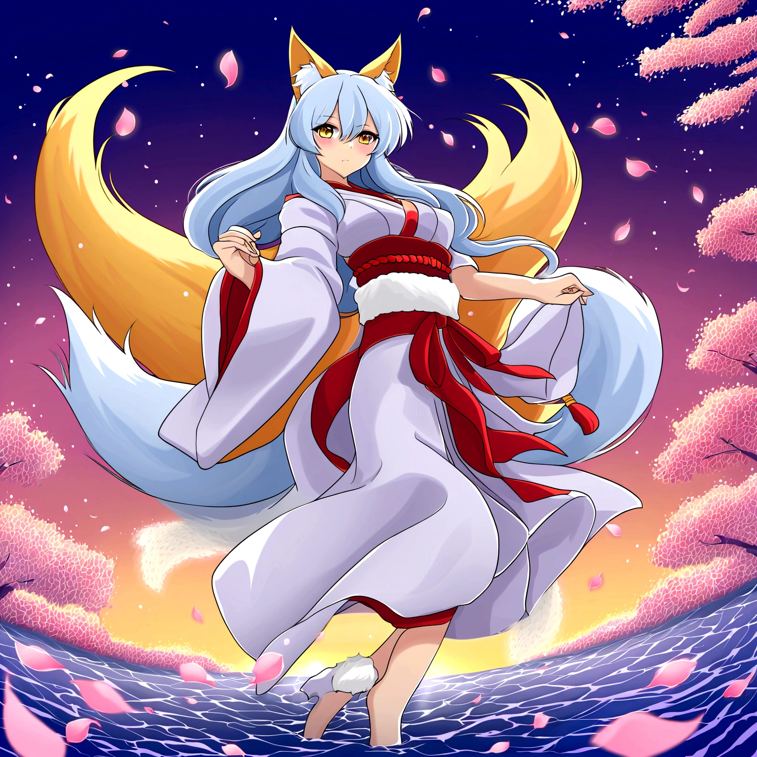 fox Light blue hair 　beast 　indigo fur　fox beast Sesshomaru, Yellow eyes, Anime, Perfect face, Perfect Lighting, Outdoors, Warm colors, Dark purple sky, Autumn sunset,  Bearing Claw, Ready to fight　wave, koi fish, anime artstyle, wide view, fluffy. yellow  fox, marking under the eyes, crystal antler ,violet eyes, wearing bandanna, flower petals, Ambient light，Ultra-fine fur，volumettic light，natural  lightting，fox tail，nevando，35mm。High quality, high detal, Best quality, hyper HD，individual，Single