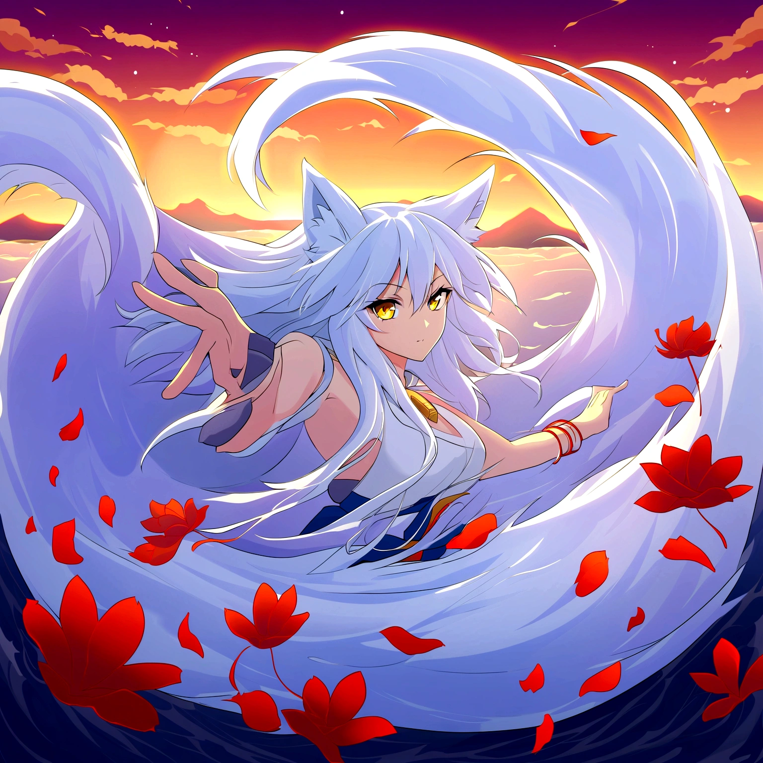 fox Light blue hair beast indigo fur fox beast Sesshomaru, Yellow eyes, Anime, Perfect face, Perfect Lighting, Outdoors, Warm colors, Dark purple sky, Autumn sunset, Bearing Claw, Ready to fight wave, koi fish, anime artstyle, wide view, fluffy. yellow fox, marking under the eyes, crystal antler ,violet eyes, wearing bandanna, flower petals, Ambient light,Ultra-fine fur,volumettic light,natural lightting,fox tail,nevando,35mm。High quality, high detal, Best quality, hyper HD,individual,Single