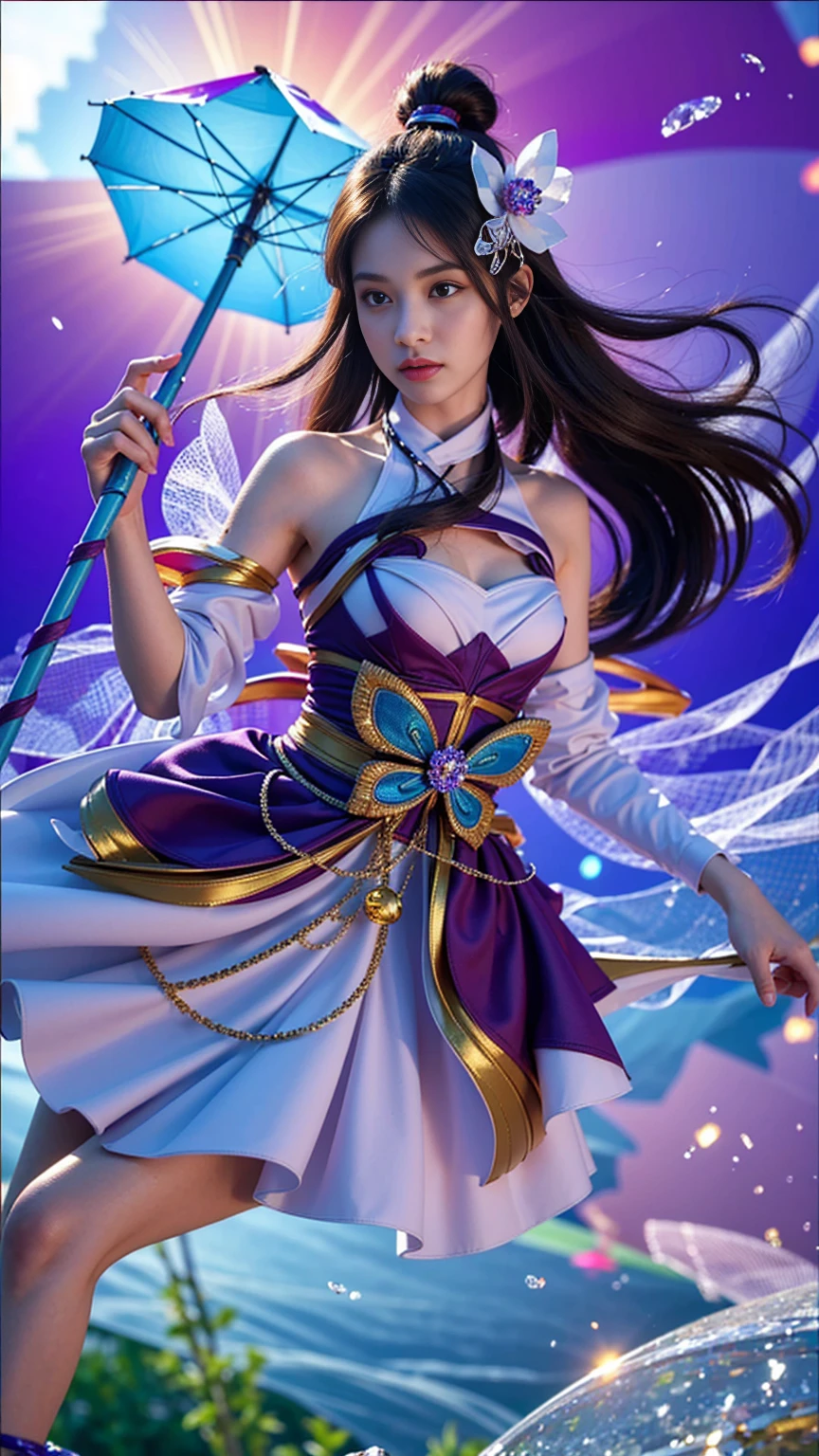 ((Masterpiece, best quality:1.5)), (photorealistic:1.30), ((highres, wallpaper 8k, detail Texture, color details, crystal skin details, Glowing skin, detail face, detail body, detail Hand, detail finger, Very clear details, Fine details, ferpect lighting, micro detail Texture)),  1girl, solo, long hair, purple eyes, purple eyes,