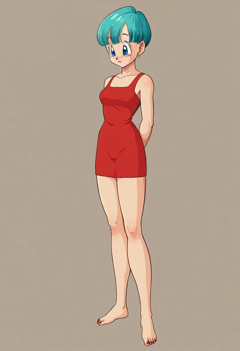 Bulma red dress legs crossed, adult content, show naked pussy, full body image, sad expression