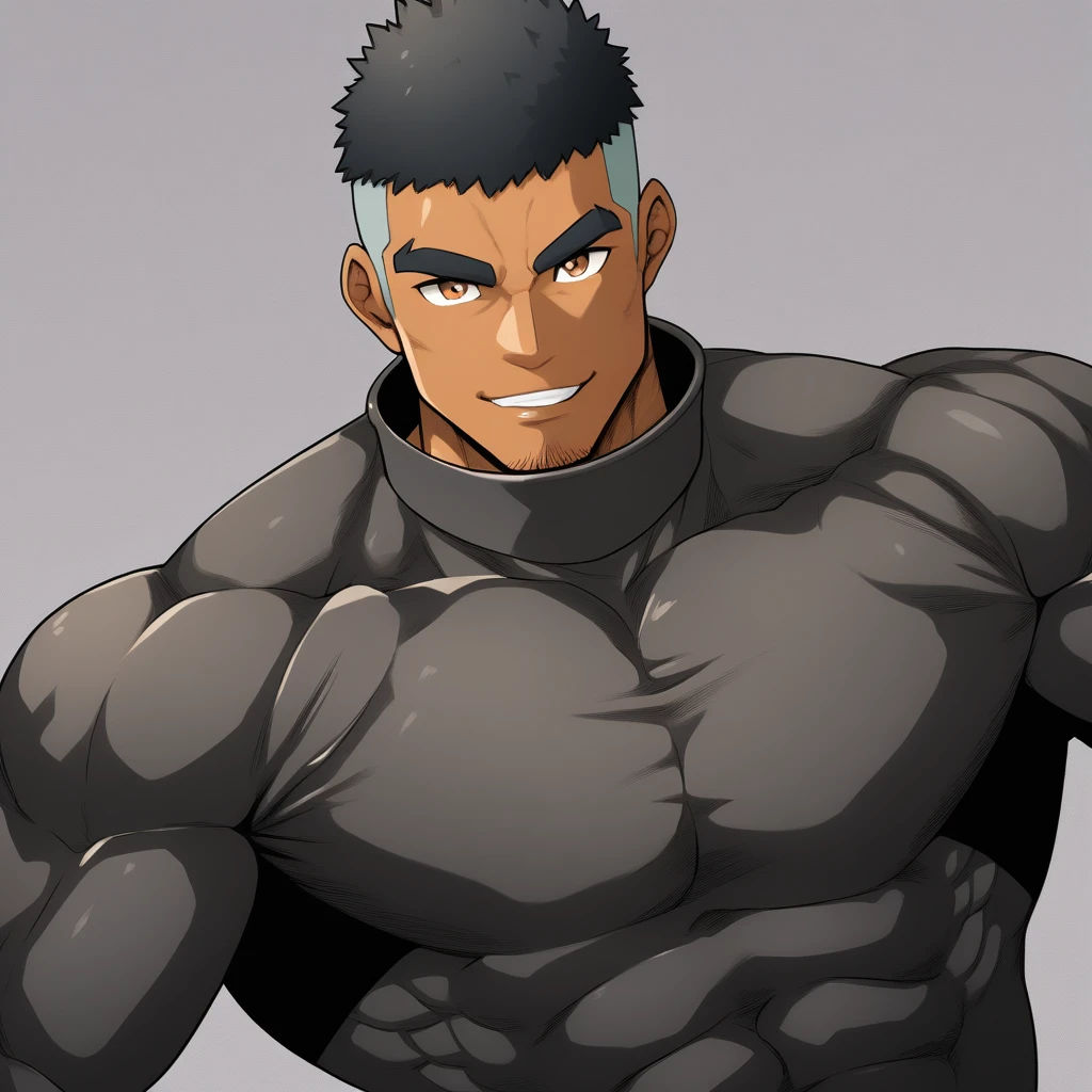 anime characters:Gyee, Muscle Sports Student, negro black skin, 1 dark skin muscular tough guy, Manliness, male focus, Dark Brown high collar long sleeve wetsuit, Matte texture, Very tight, Round, full and perky chest muscles, Slightly transparent, muscular male, muscular, only, Upper body, alone, Black short hair, Thick eyebrows, stubble, Brown eyes, Grey background, simple background, amazing quality, best aesthetics, Ridiculous, bright pupils, crew cut, parted lips, seductive smile, torogao, naughty face, best quality