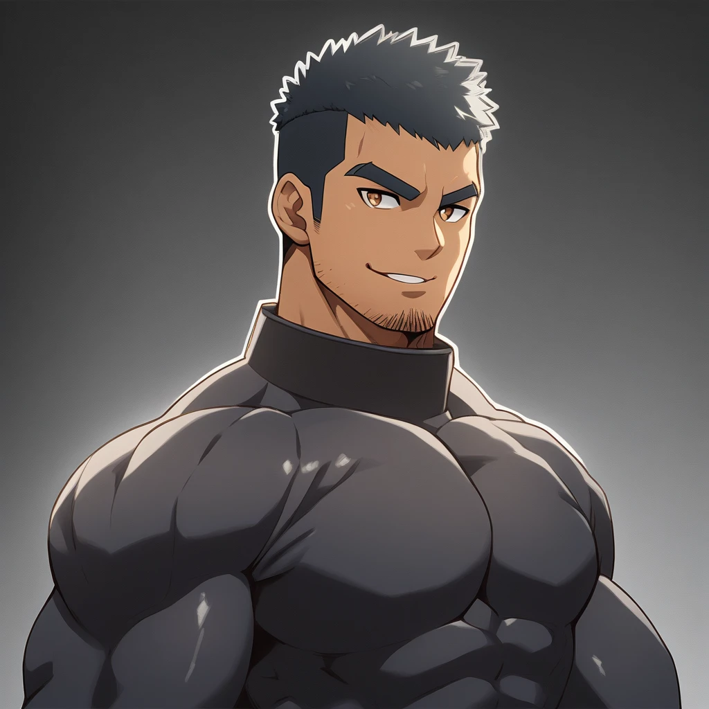 anime characters：Gyee, Muscle Sports Student, negro black skin, 1 dark skin muscular tough guy, Manliness, male focus, Dark Brown high collar long sleeve wetsuit, Matte texture, Very tight, Round, full and perky chest muscles, Slightly transparent, muscular male, muscular, only, Upper body, alone, Black short hair, Thick eyebrows, stubble, Brown eyes, Grey background, simple background, amazing quality, best aesthetics, Ridiculous, bright pupils, crew cut, parted lips, seductive smile, torogao, naughty face,  best quality