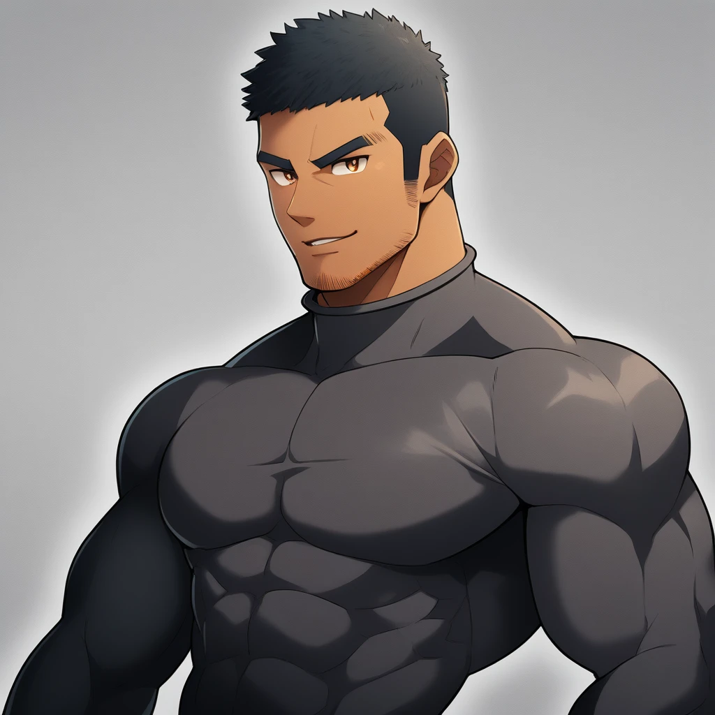 anime characters:Gyee, Muscle Sports Student, negro black skin, 1 dark skin muscular tough guy, Manliness, male focus, Dark Brown high collar long sleeve wetsuit, Matte texture, Very tight, Round, full and perky chest muscles, Slightly transparent, muscular male, muscular, only, Upper body, alone, Black short hair, Thick eyebrows, stubble, Brown eyes, Grey background, simple background, amazing quality, best aesthetics, Ridiculous, bright pupils, crew cut, parted lips, seductive smile, torogao, naughty face, best quality