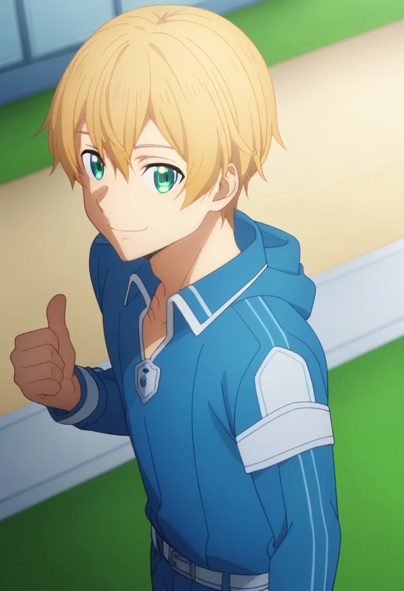 score_9,  eugeo, 1boy, bangs, deepblue hoodie, blue overcoat, blonde hair, blue eyes, smile, eugeo, green eyes, long sleeves, looking at viewer, male focus, blue pants, solo