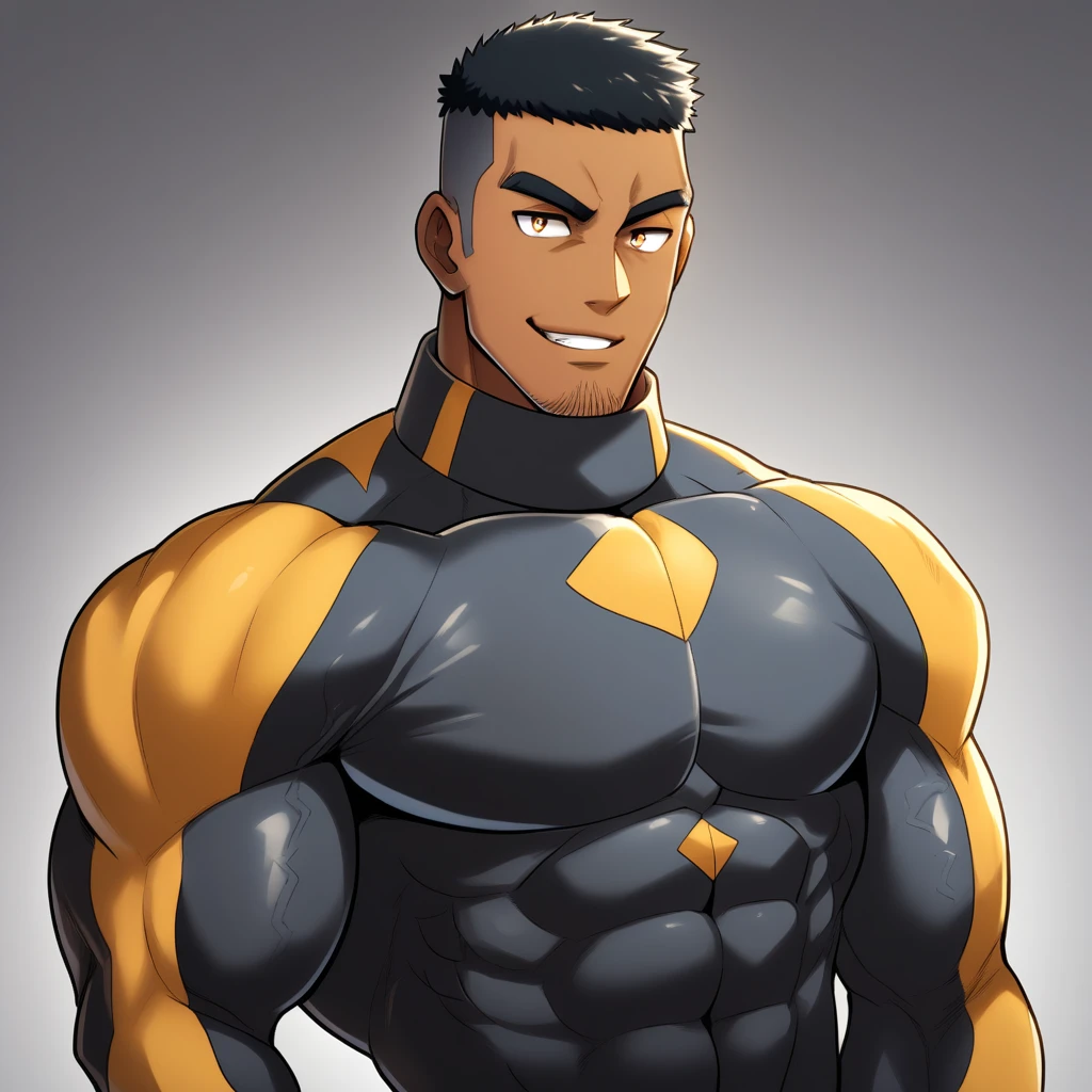anime characters:Gyee, Muscle Sports Student, negro black skin, 1 dark skin muscular tough guy, Manliness, male focus, Dark Brown high collar long sleeve wetsuit, Matte texture, Very tight, Round, full and perky chest muscles, Slightly transparent, muscular male, muscular, only, Upper body, alone, Black short hair, Thick eyebrows, stubble, Brown eyes, Grey background, simple background, amazing quality, best aesthetics, Ridiculous, bright pupils, crew cut, parted lips, seductive smile, torogao, naughty face, best quality