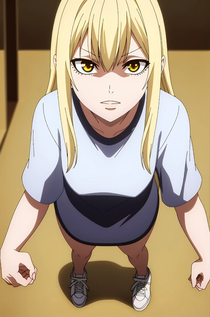 ((best quality)),((highly detailed)),masterpiece,absurdres,detailed face,Stands at full height, beautiful face,(detailed eyes, deep eyes),1girl,((dynamic pose))  Guideau, blonde hair, solo, yellow eyes, long hair, tight short shorts, t-shirt, Sneakers, Full-length