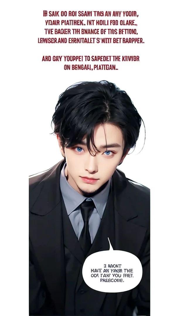 Handsome boy, black hair, blue eyes, wearing black formal with black necktie