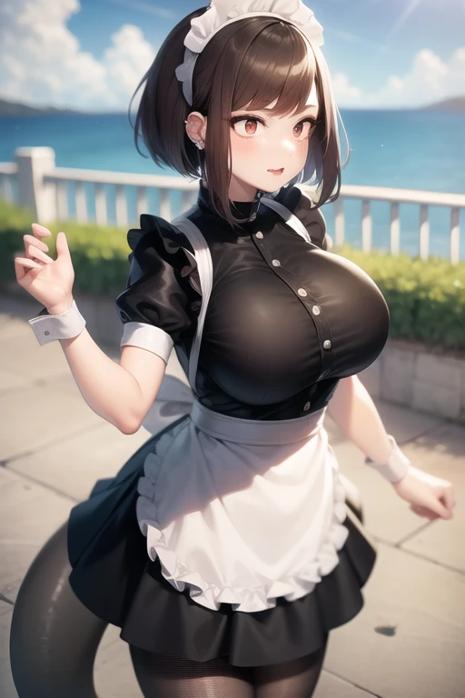 ochako uraraka pecho grandes fondo blanco solo,1girl(big breast)(masterpiece, best quality:1.2),Ellen Jo,Zenless Zone Zero,alternate costume ,maid, shark tail, (shark girl:0.5), short hair,black hair,red eyes, tail, pantyhose,multicolored hair, black footwear, short sleeves, apron, wrist cuffs, maidheaddress, stockings, nyantchaellen joe, black hair, red hair,colored inner hair, multicolored hair, (red eyes:1.3), red hair, short hair, two-tone hair,apron, black pantyhose, black shirt, ear piercing, arrogant look,like a Owner , stand, front shot, middle shot Cymopunk, modern,sense of technology, on the roof,high-rise buildings