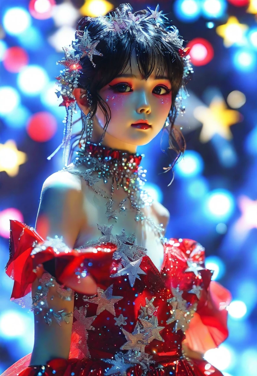 1girl, solo, best quality, masterpiece , Ruby Hoshino, wearing cyber dress, hair ornament, sparking eyes, star on eye, (star on right eye:1), (dress:1.4), (concert1), on the stage,