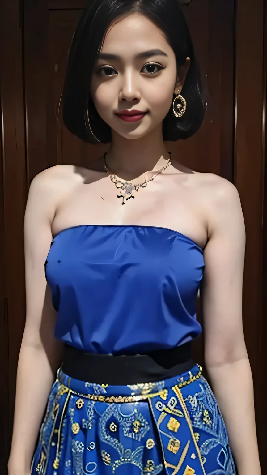 (realistic:1.3), A beauty girl with tattoos on body, beautiful art tattoo detailed, ((text tattoo on her body: Fuck Me)), detailed beautiful eyes, big breast, cute chubby, baby face, insane detailed, quality, (masterpiece:1.2), (photorealistic:1.2), (best quality), (detailed skin:1.3), (intricate details), ray tracing, ((half body)), (((1girl))), (((1 person))), 20 years old, short hair, smile, blue dress, skirt with pattern, color contrast between the dress and the skirt, skirt pattern, earrings, necklace, Javanese ornament, (blurred background)