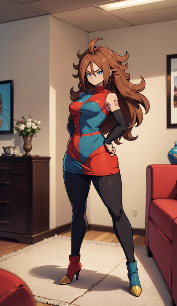 android 21, cups, long brown hair, blue colored eyes, plaid dress, pantyhose, looking to the side, pose lateral, standing, ele está standing, serious, legs spread open, livingroom, light bulb, high qualiy, work of art, legs thick, big-ass, body healed,